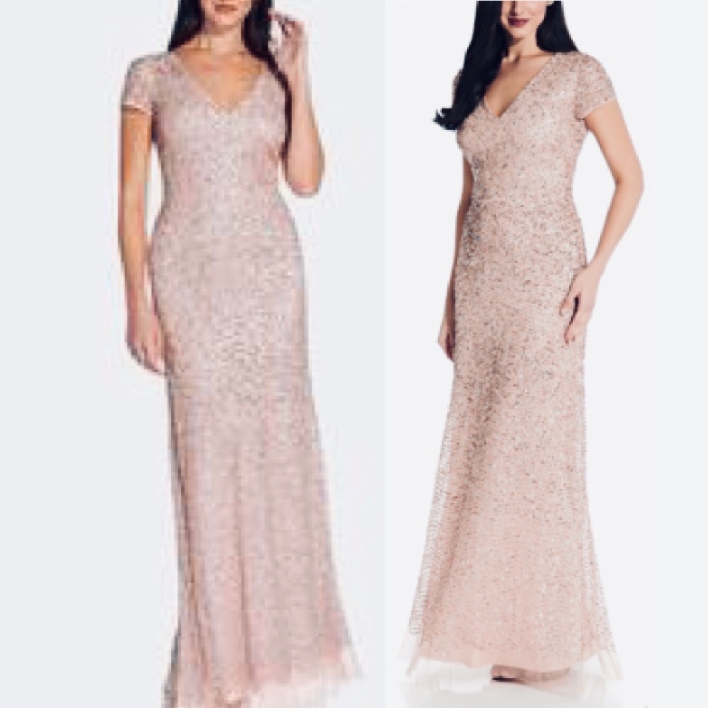 Adrianna Papell sequin gown v neck short sleeve